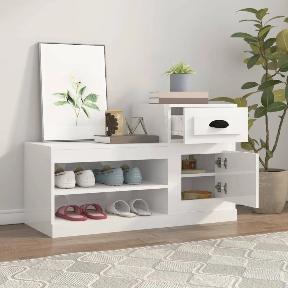 Spintelė batams, balta, 100x42x60cm, apdirbta mediena, blizgi