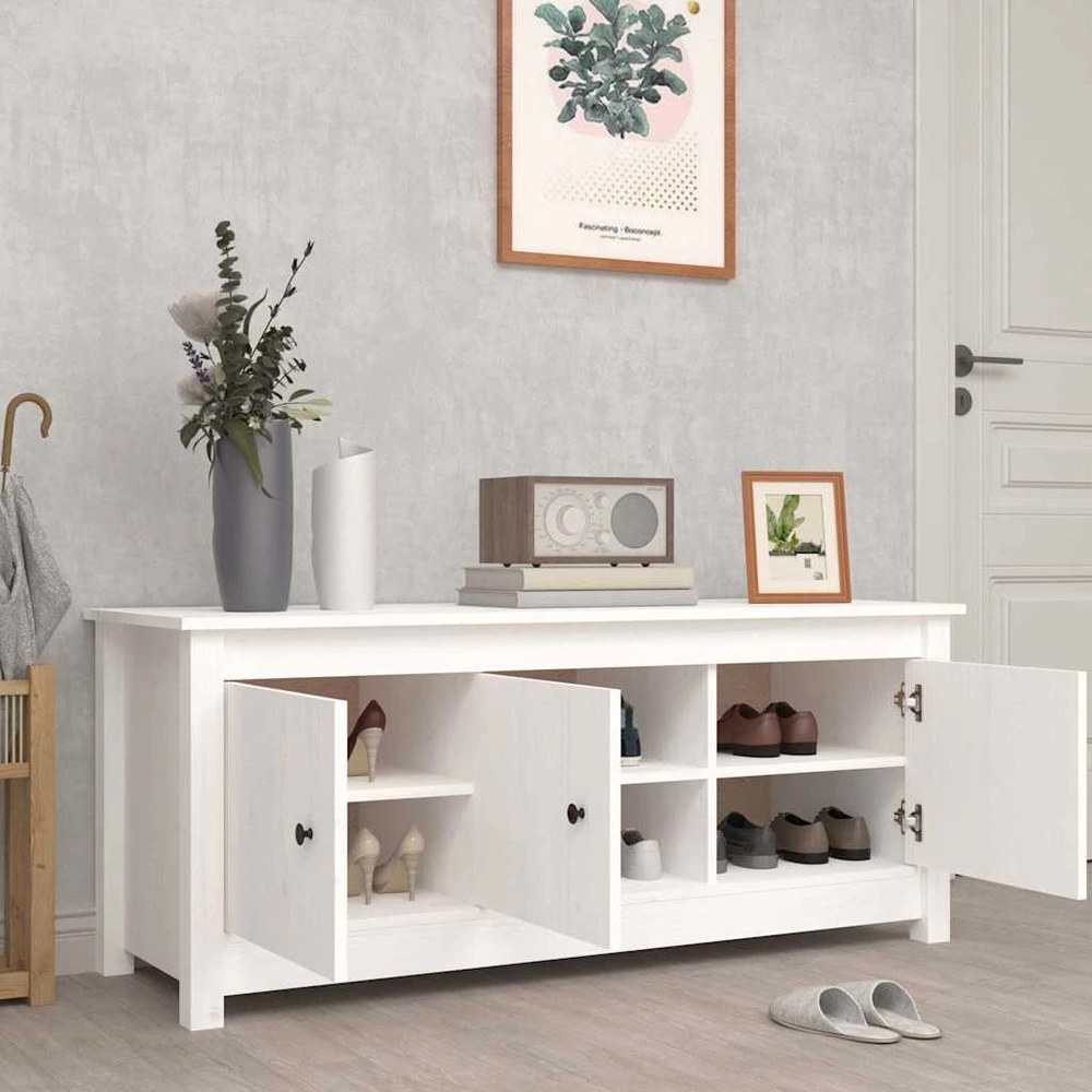 Spintelė batams, balta, 110x38x45,5cm, pušies medienos masyvas