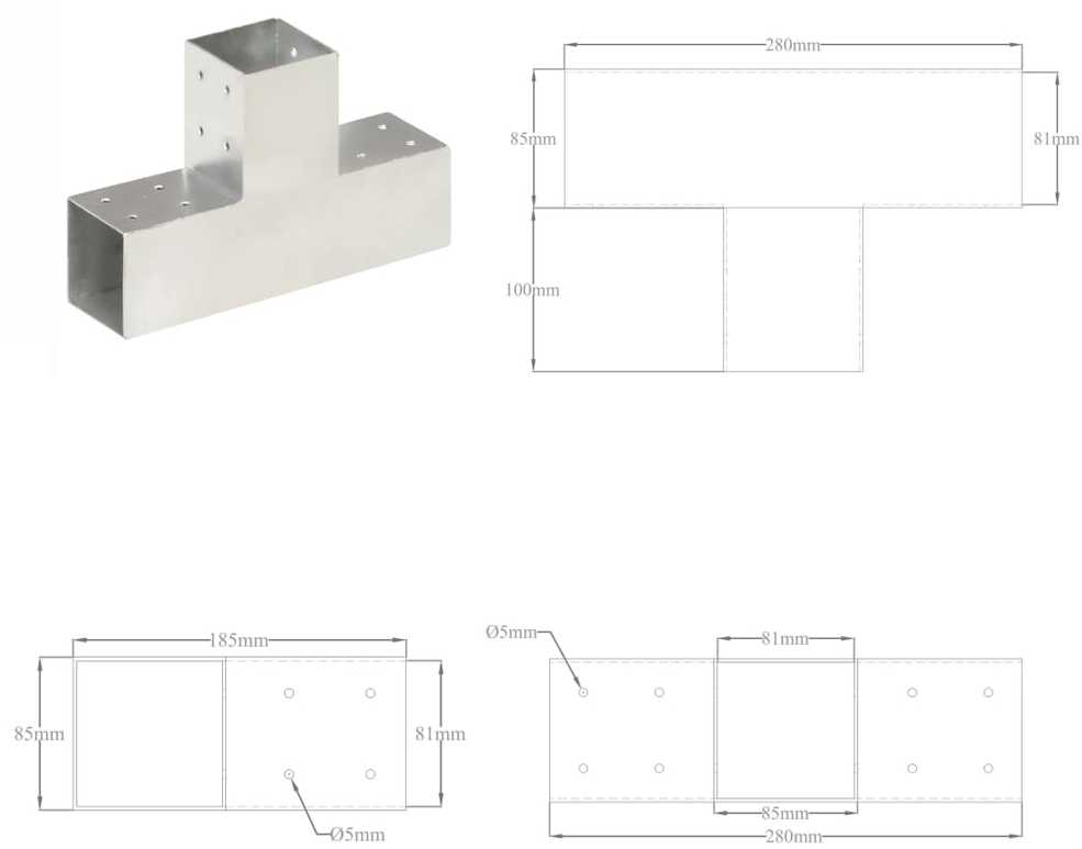 Stulpo sujungimas, 81x81mm, galvanizuotas metalas, T formos
