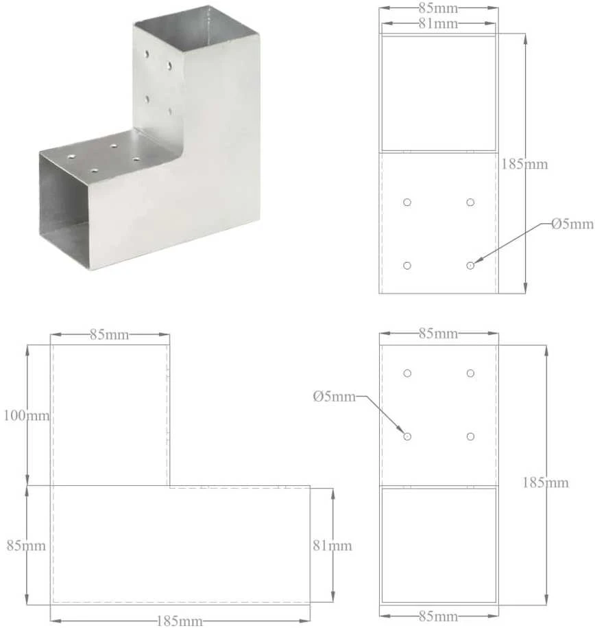 Stulpo sujungimas, 81x81mm, galvanizuotas metalas, L formos