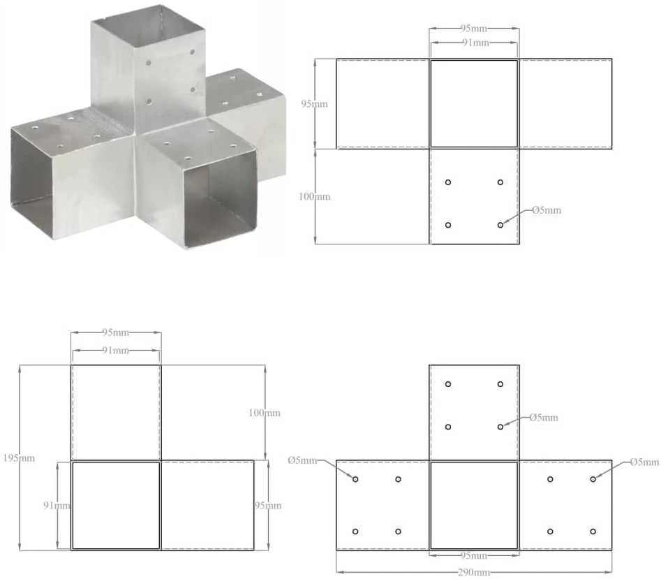 Stulpo sujungimas, 91x91mm, galvanizuotas metalas, X formos