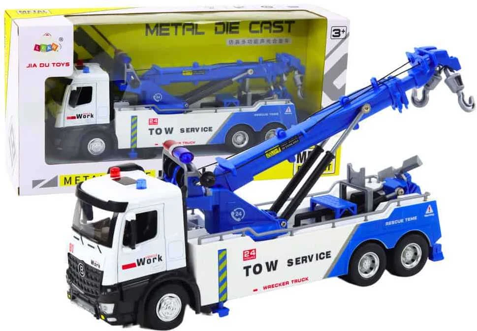 Lean Toys Baltas ir Mėlynas Sunkvežimis su Kranu ir Dviem Metaliniais Kabliais