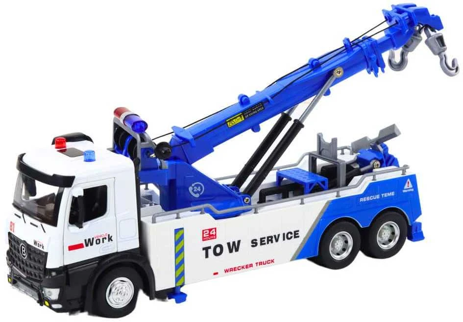 Lean Toys Baltas ir Mėlynas Sunkvežimis su Kranu ir Dviem Metaliniais Kabliais
