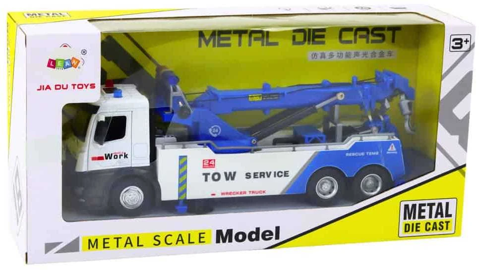 Lean Toys Baltas ir Mėlynas Sunkvežimis su Kranu ir Dviem Metaliniais Kabliais