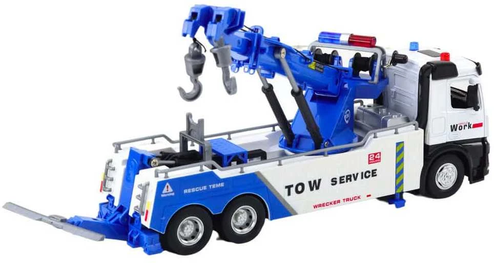 Lean Toys Baltas ir Mėlynas Sunkvežimis su Kranu ir Dviem Metaliniais Kabliais