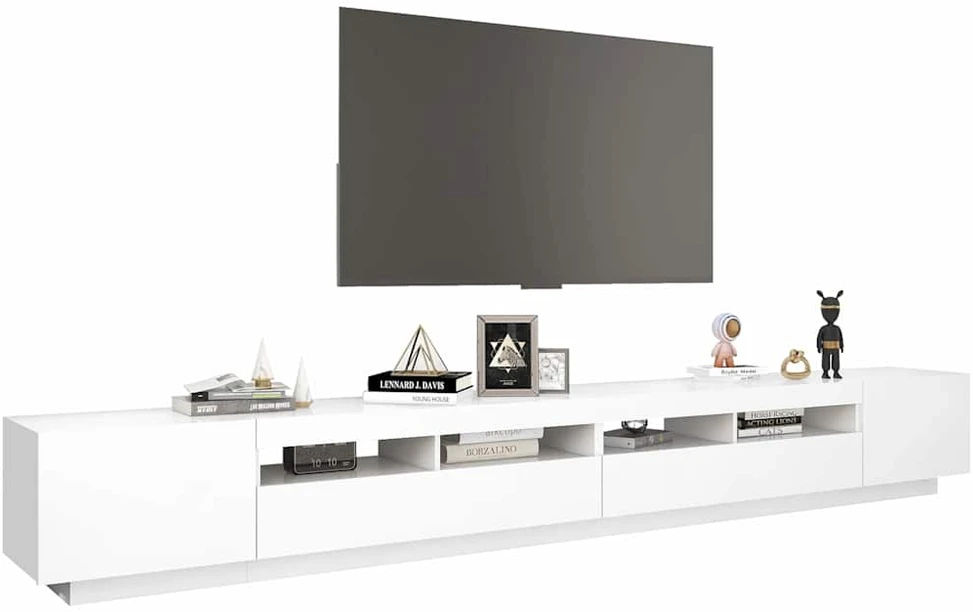 TV staliukas Televizoriaus spintelė su LED apšvietimu, balta, 300x35x40cm