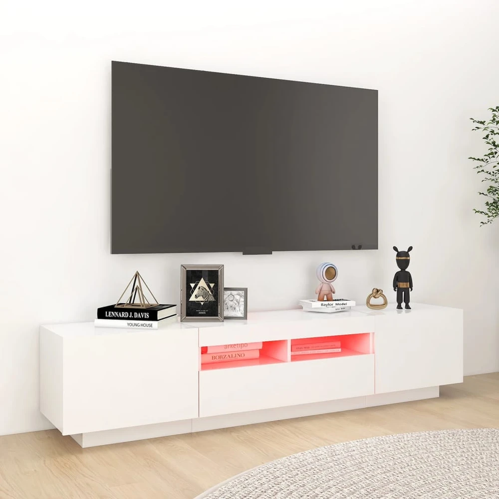 TV staliukas Televizoriaus spintelė su LED apšvietimu, balta, 180x35x40cm