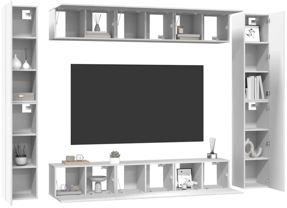 TV staliukas Televizoriaus spintelių komplektas, 10 dalių, baltas, mediena