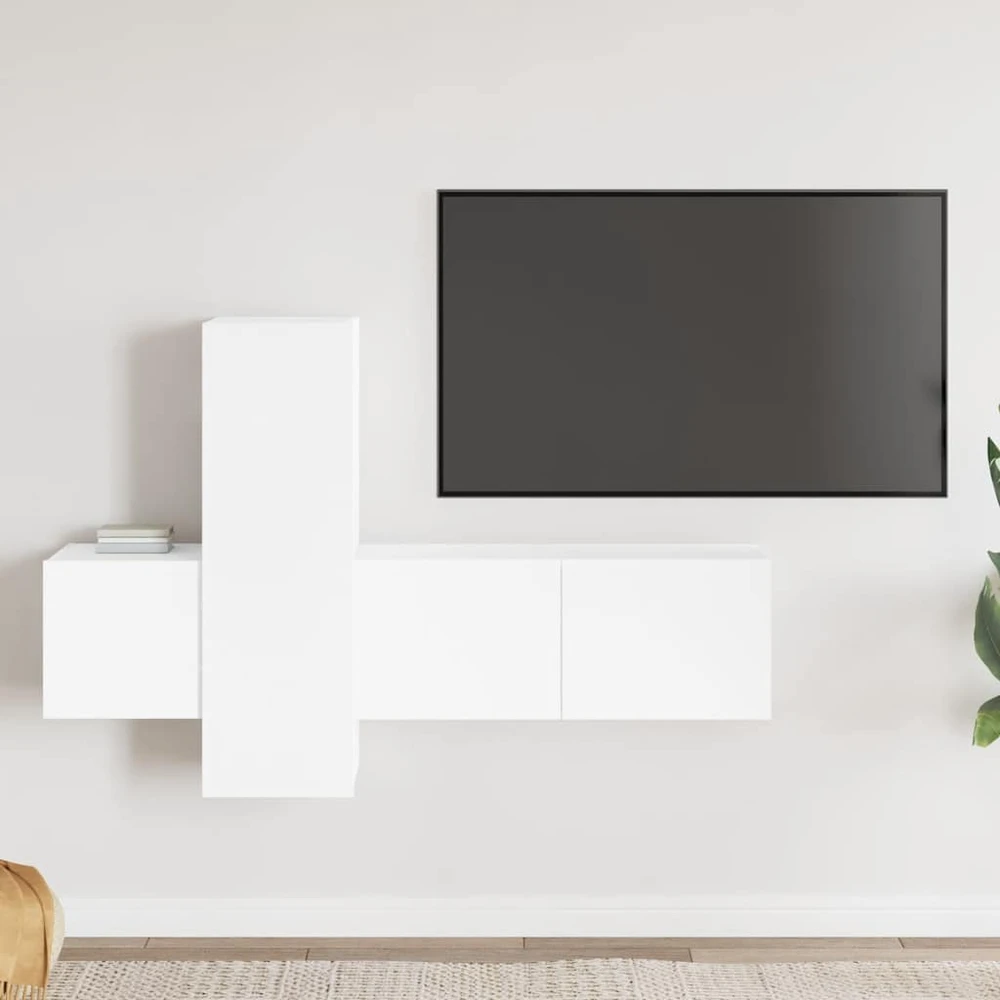 TV staliukas Televizoriaus spintelių komplektas, 3 dalių, baltas, mediena