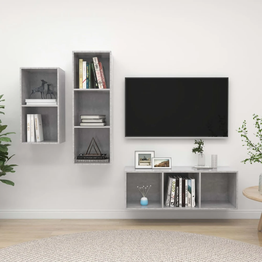 TV staliukas Televizoriaus spintelių komplektas, 3 dalių, betono pilkas, MDP