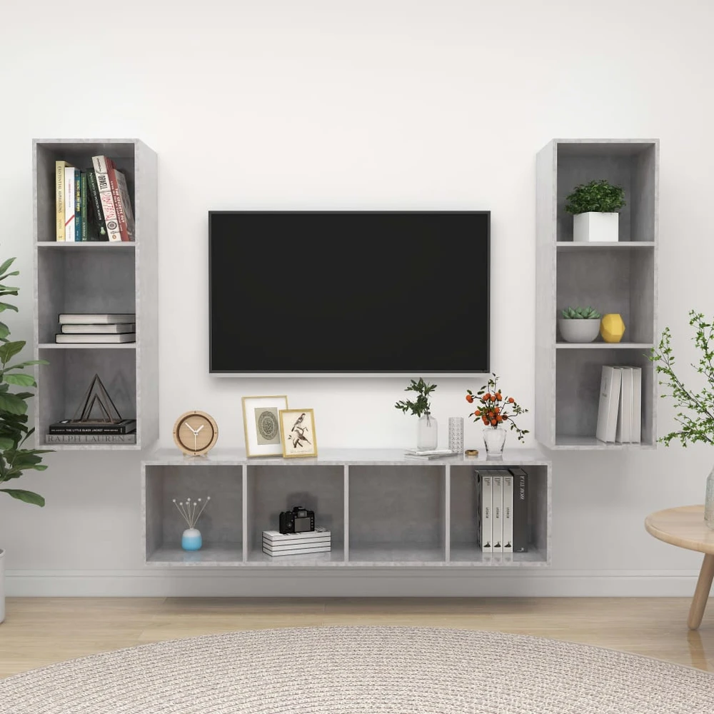 TV staliukas Televizoriaus spintelių komplektas, 3 dalių, betono pilkas, MDP