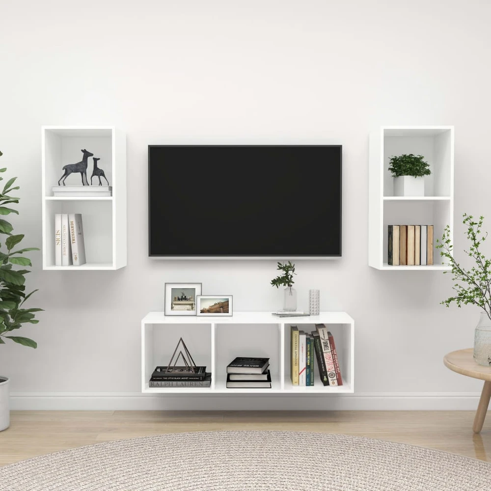 TV staliukas Televizoriaus spintelių komplektas, 3 dalių, baltas, MDP