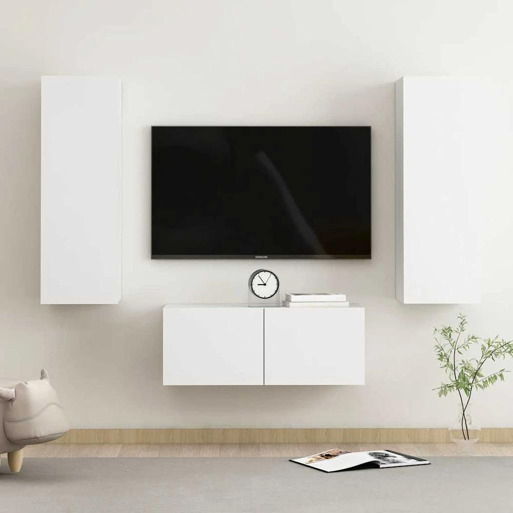 TV staliukas Televizoriaus spintelių komplektas, 3 dalių, baltas, mediena