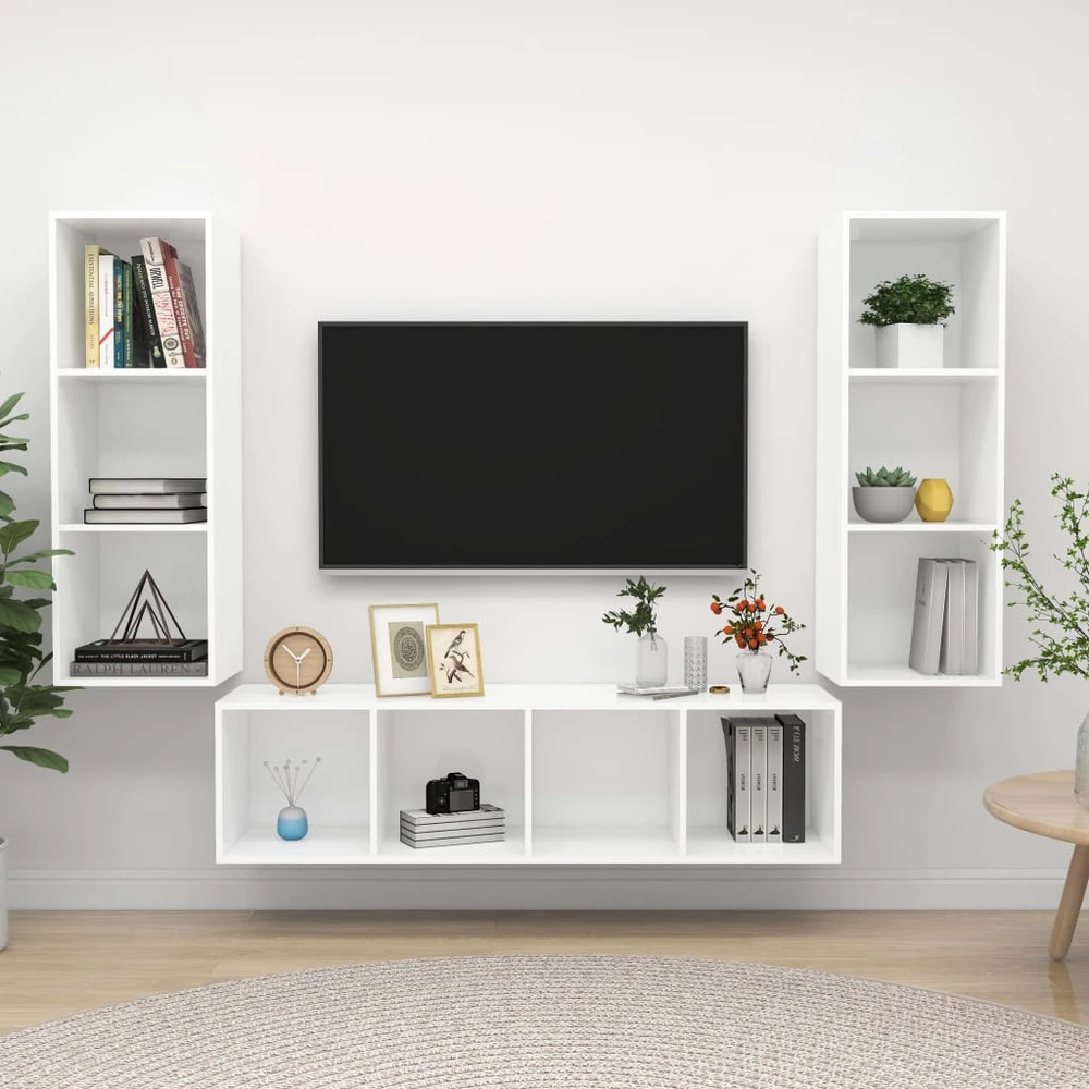 TV staliukas Televizoriaus spintelių komplektas, 3 dalių, baltas, MDP