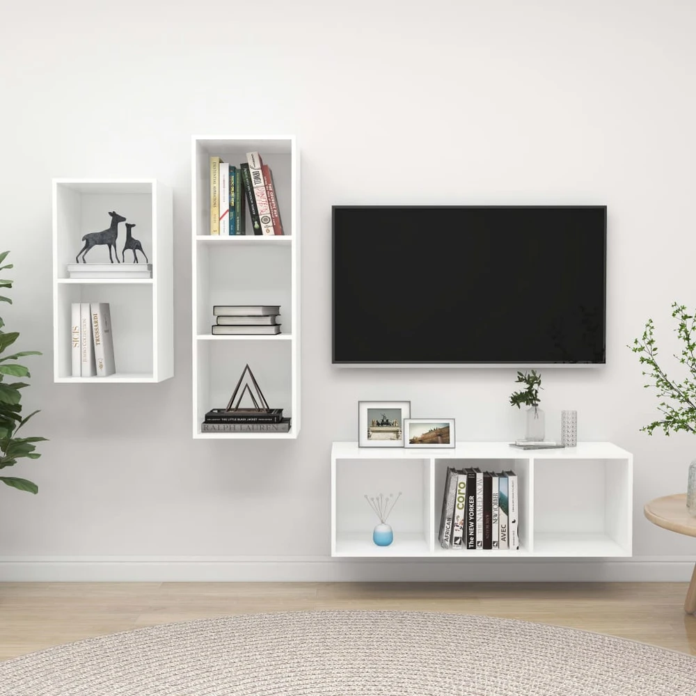 TV staliukas Televizoriaus spintelių komplektas, 3 dalių, baltas, MDP
