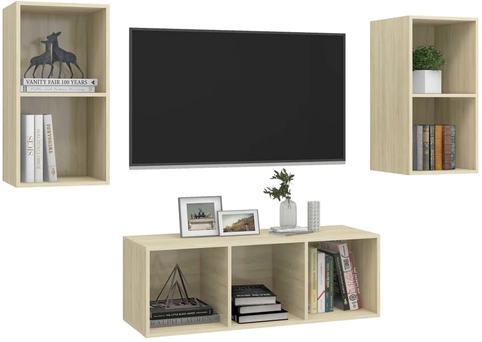 TV staliukas Televizoriaus spintelių komplektas, 3 dalių, ąžuolo, mediena
