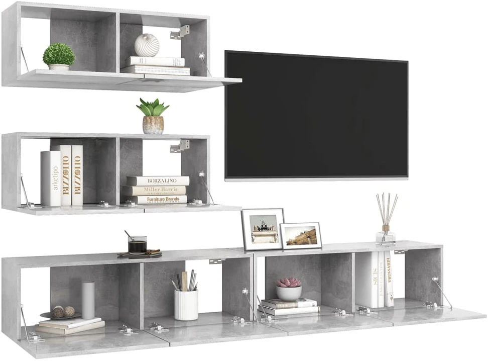 TV staliukas Televizoriaus spintelių komplektas, 4 dalių, betono, mediena