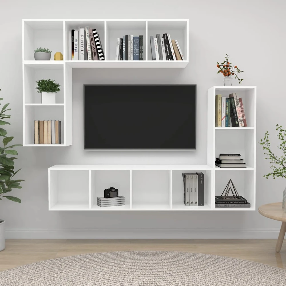 TV staliukas Televizoriaus spintelių komplektas, 4 dalių, baltas, mediena
