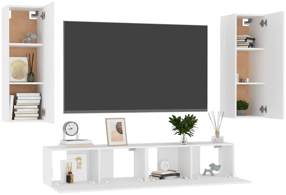 TV staliukas Televizoriaus spintelių komplektas, 4 dalių, baltas, mediena