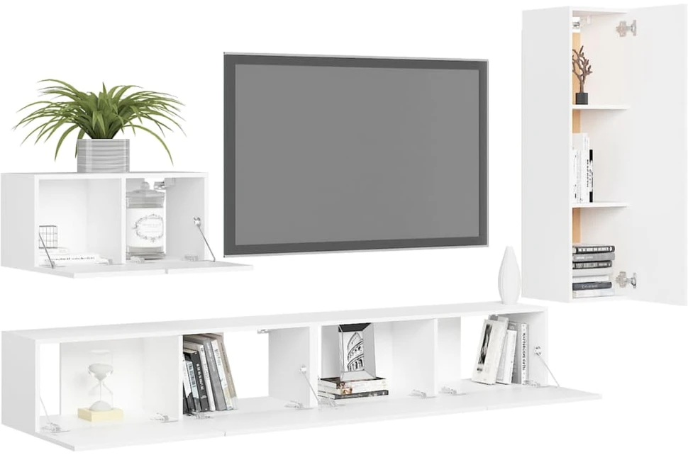 TV staliukas Televizoriaus spintelių komplektas, 4 dalių, baltas, mediena