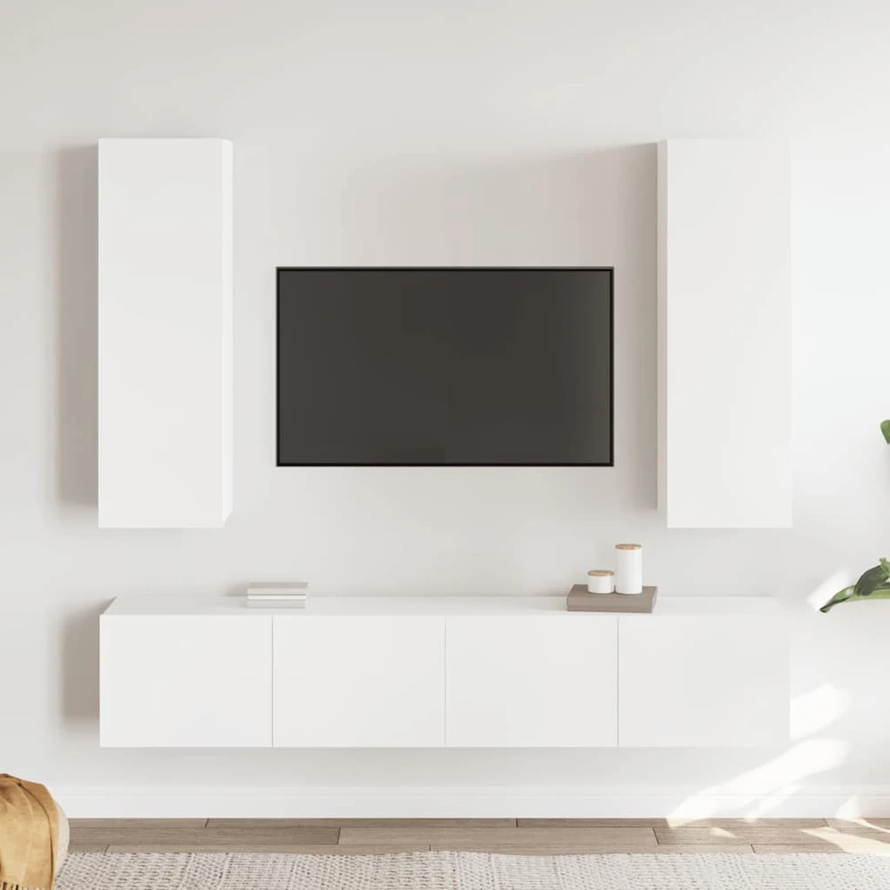 TV staliukas Televizoriaus spintelių komplektas, 4 dalių, baltas, mediena