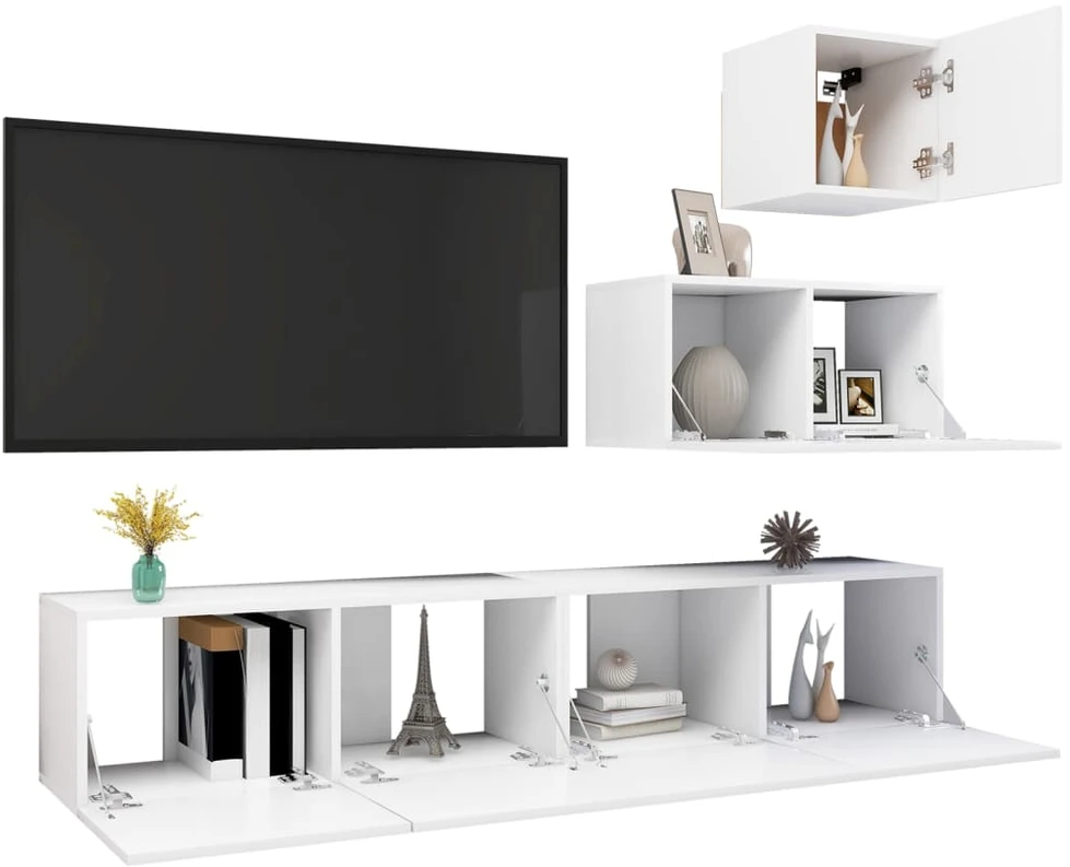 TV staliukas Televizoriaus spintelių komplektas, 4 dalių, baltas, mediena