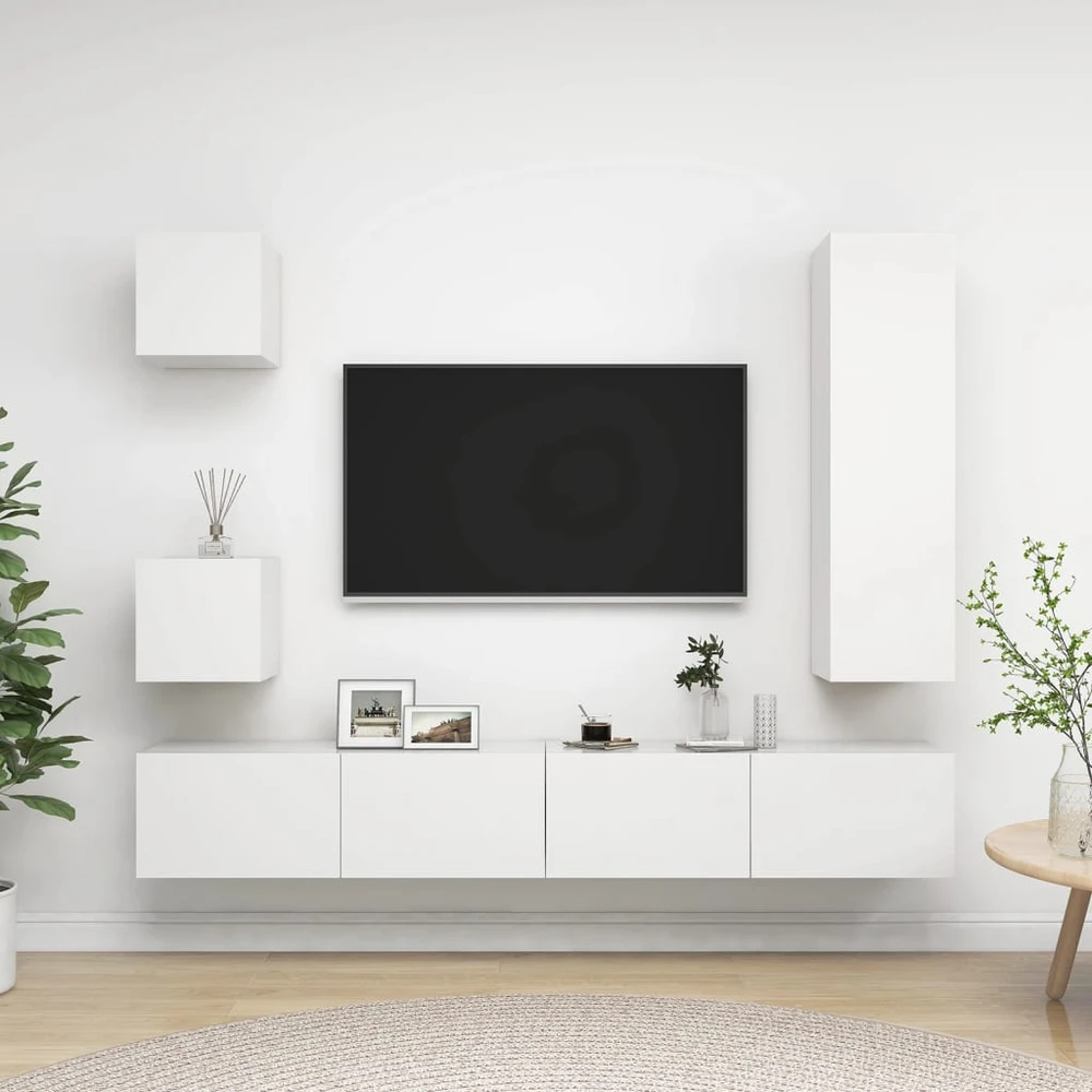 TV staliukas Televizoriaus spintelių komplektas, 5 dalių, baltas, mediena