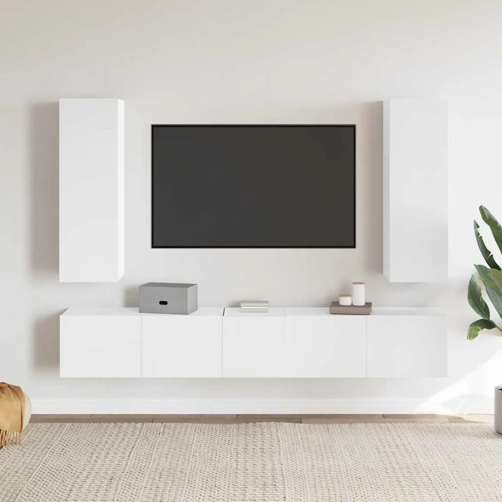 TV staliukas Televizoriaus spintelių komplektas, 5 dalių, baltas, mediena