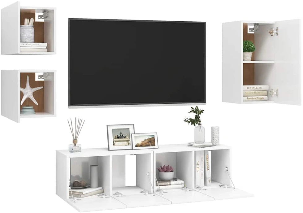 TV staliukas Televizoriaus spintelių komplektas, 5 dalių, baltas, mediena