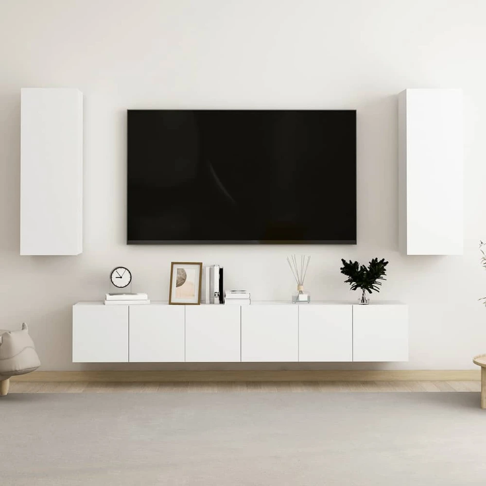 TV staliukas Televizoriaus spintelių komplektas, 5 dalių, baltas, mediena
