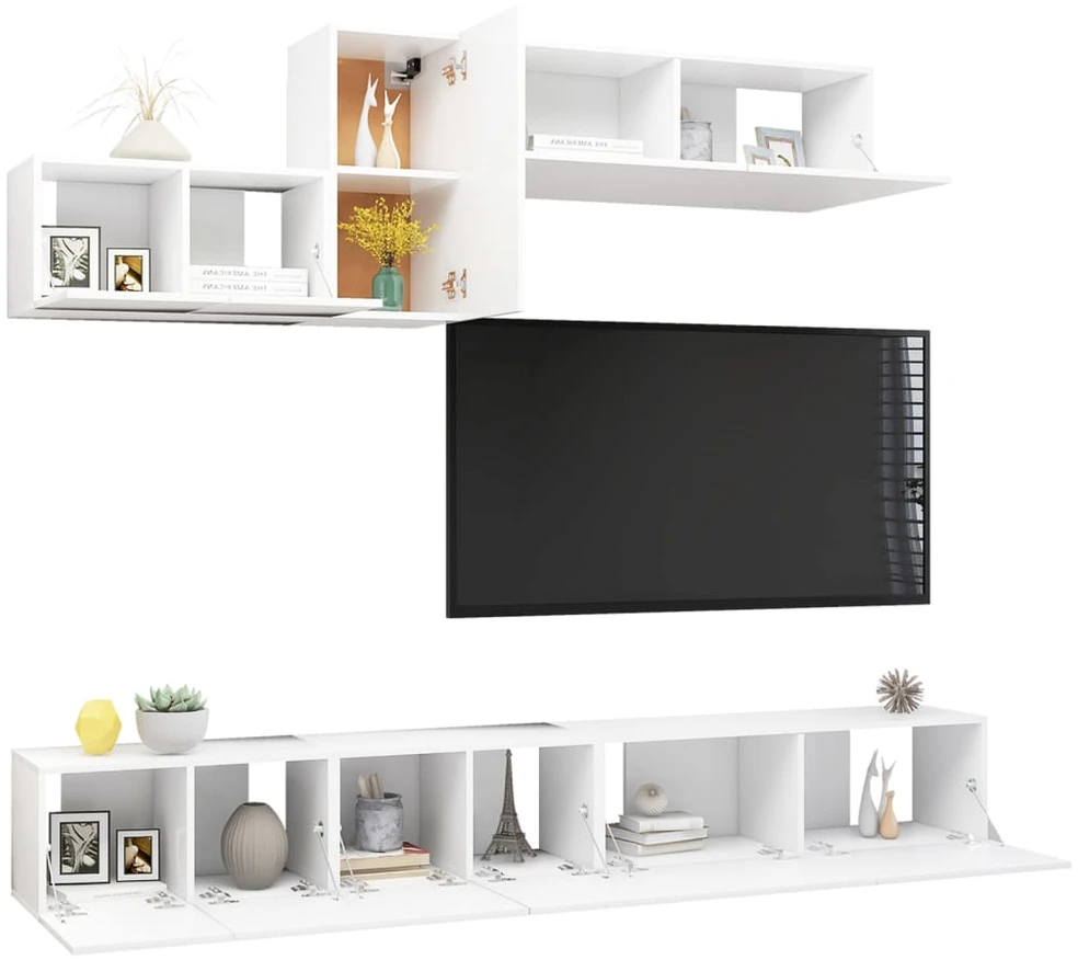 TV staliukas Televizoriaus spintelių komplektas, 6 dalių, baltas, mediena