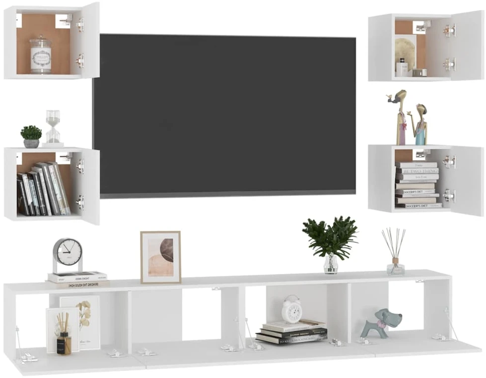 TV staliukas Televizoriaus spintelių komplektas, 6 dalių, baltas, mediena