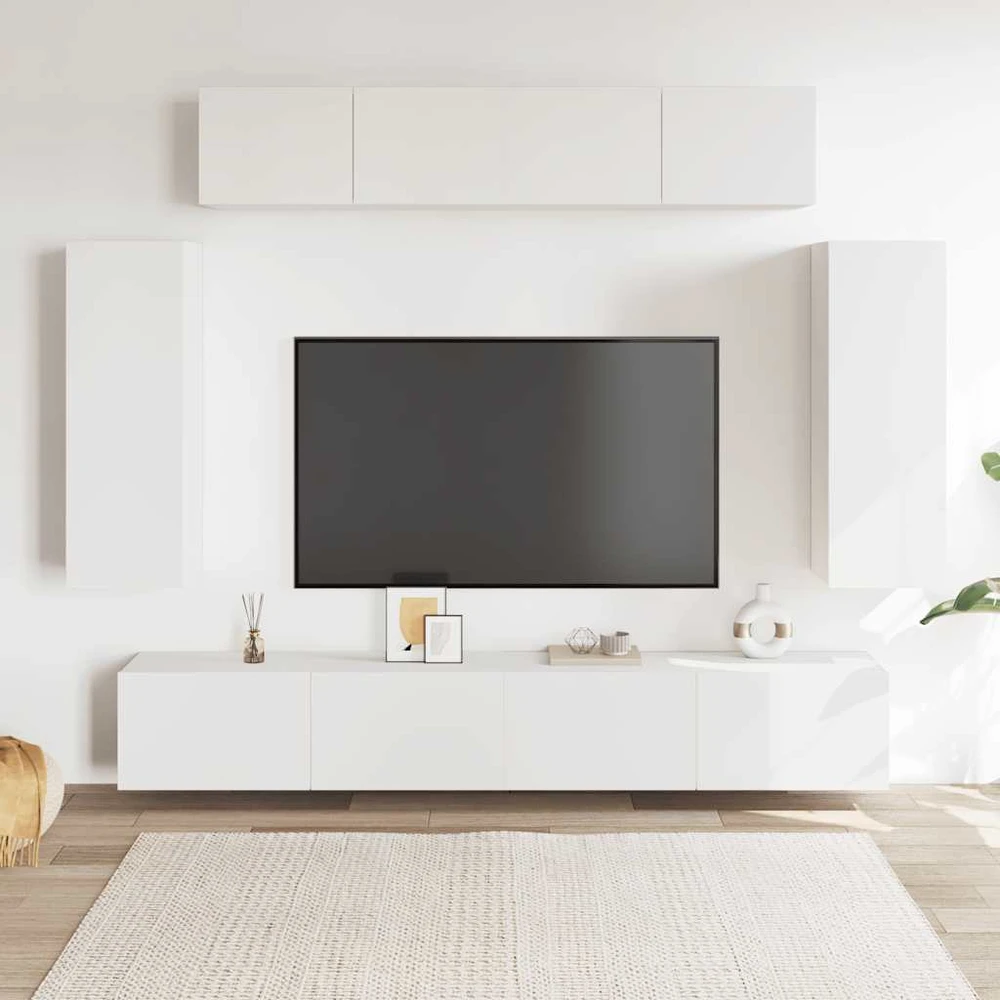 TV staliukas Televizoriaus spintelių komplektas, 6 dalių, baltas, mediena