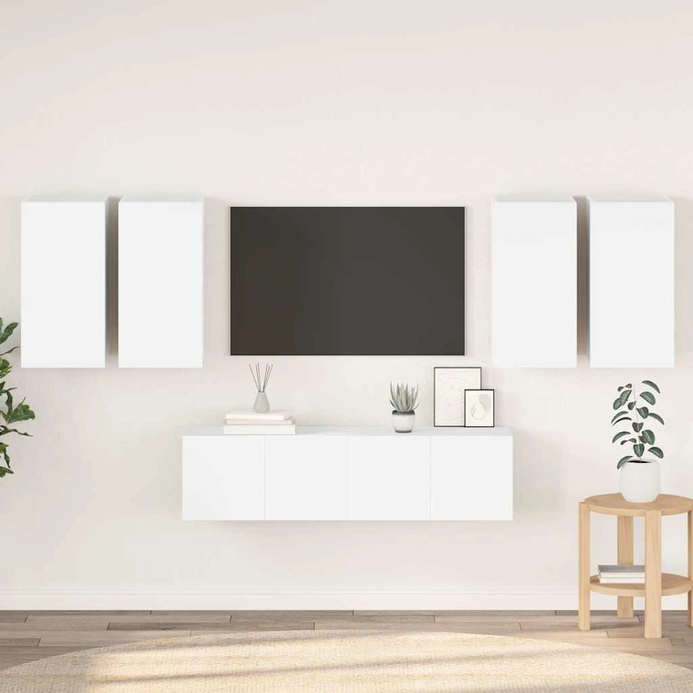 TV staliukas Televizoriaus spintelių komplektas, 6 dalių, baltas, mediena