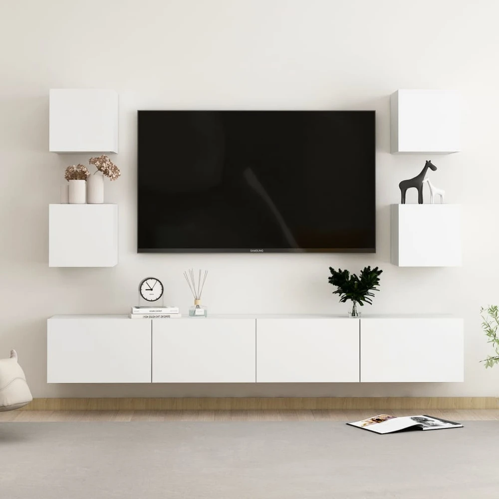 TV staliukas Televizoriaus spintelių komplektas, 6 dalių, baltas, mediena