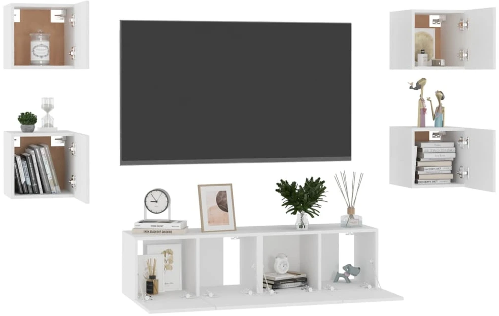 TV staliukas Televizoriaus spintelių komplektas, 6 dalių, baltas, mediena