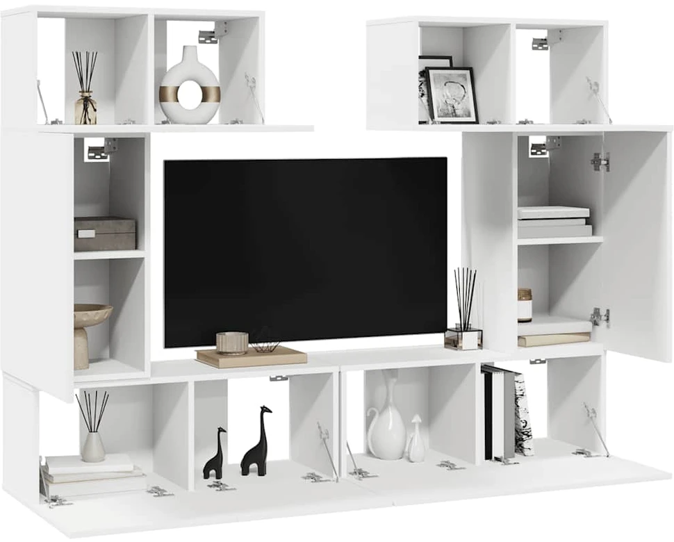 TV staliukas Televizoriaus spintelių komplektas, 6 dalių, baltas, mediena