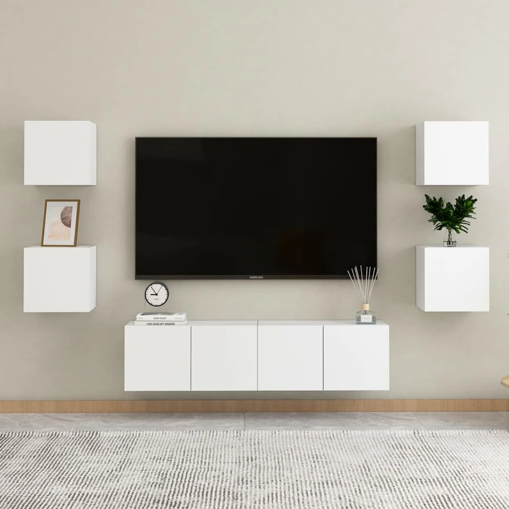 TV staliukas Televizoriaus spintelių komplektas, 6 dalių, baltas, mediena