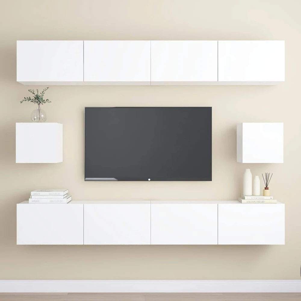 TV staliukas Televizoriaus spintelių komplektas, 6 dalių, baltas, mediena