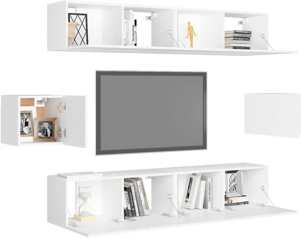 TV staliukas Televizoriaus spintelių komplektas, 6 dalių, baltas, mediena