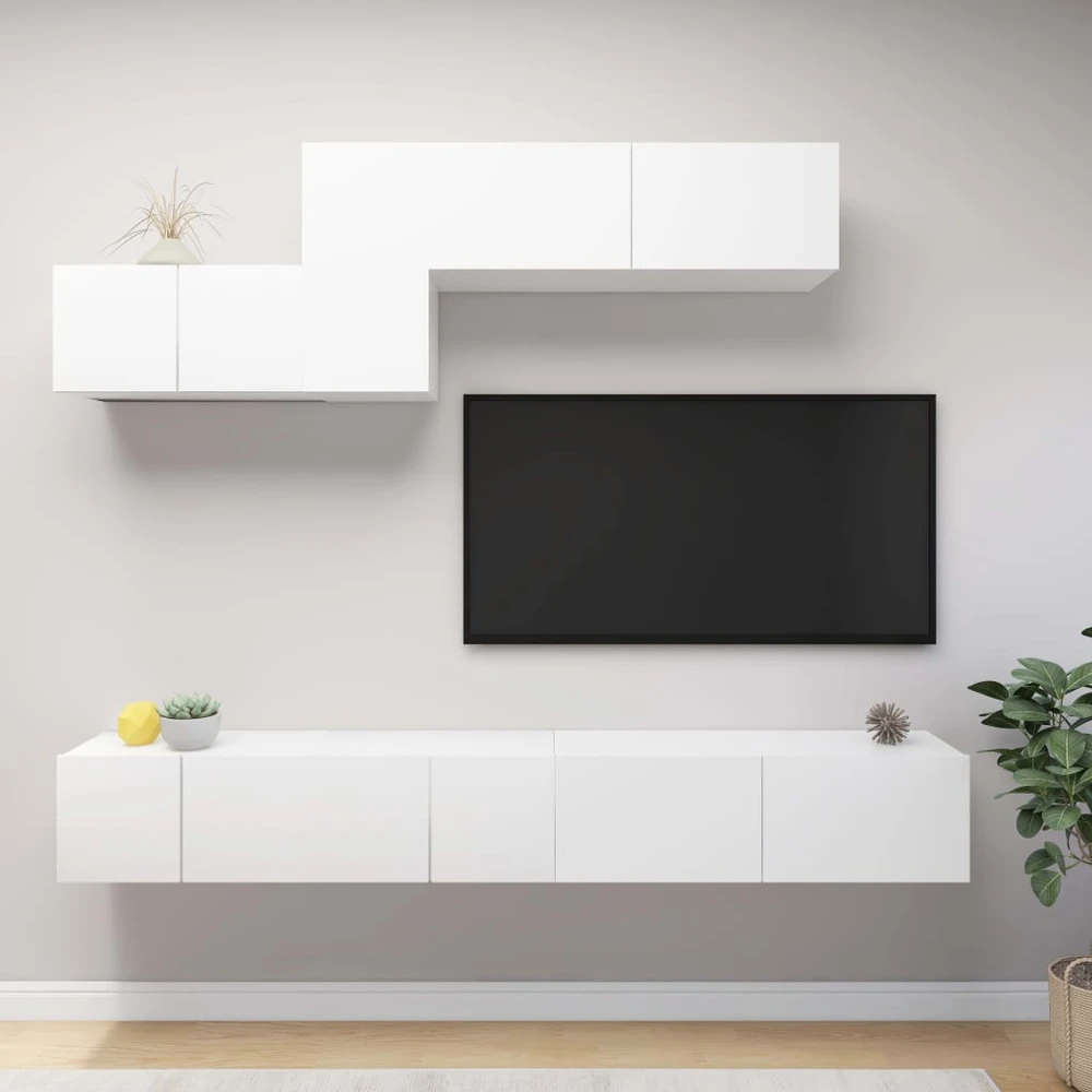TV staliukas Televizoriaus spintelių komplektas, 6 dalių, baltas, mediena