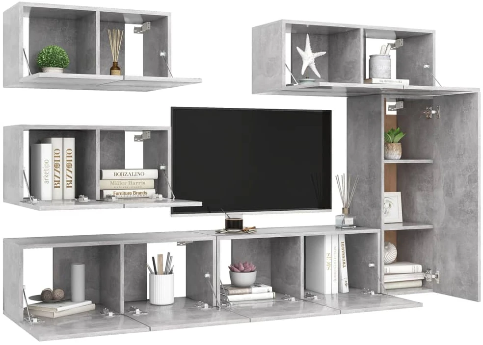 TV staliukas Televizoriaus spintelių komplektas, 6 dalių, betono, mediena