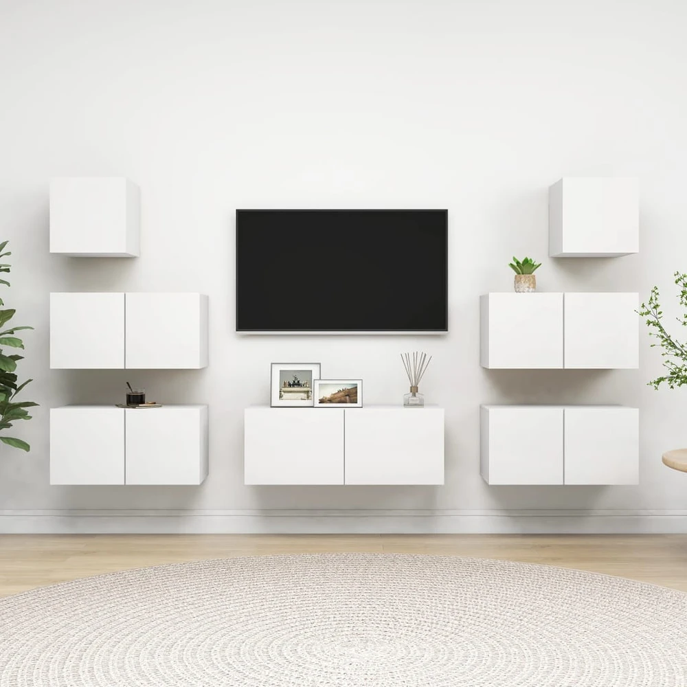 TV staliukas Televizoriaus spintelių komplektas, 7 dalių, baltas, mediena