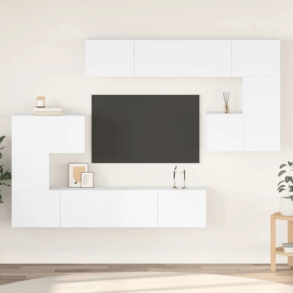 TV staliukas Televizoriaus spintelių komplektas, 8 dalių, baltas, mediena