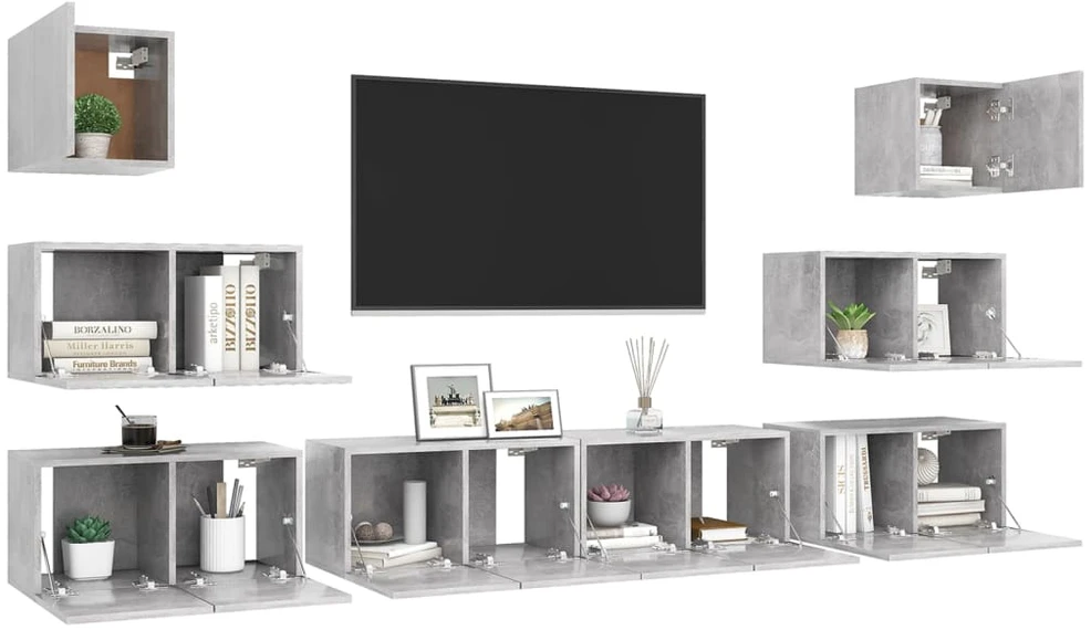TV staliukas Televizoriaus spintelių komplektas, 8 dalių, betono, mediena