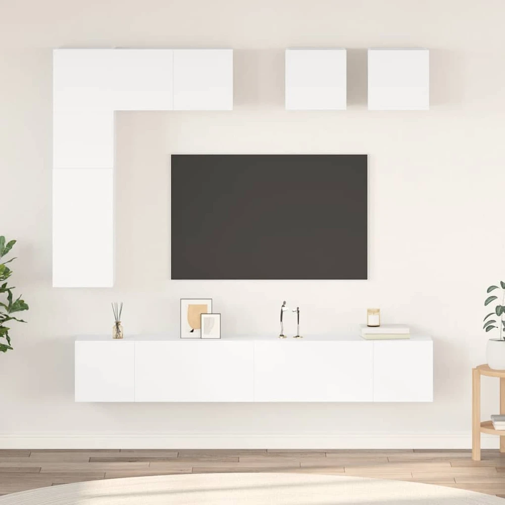 TV staliukas Televizoriaus spintelių komplektas, 8 dalių, baltas, mediena