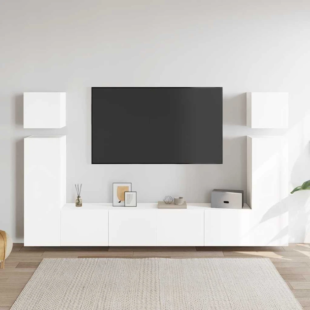 TV staliukas Televizoriaus spintelių komplektas, 8 dalių, baltas, mediena
