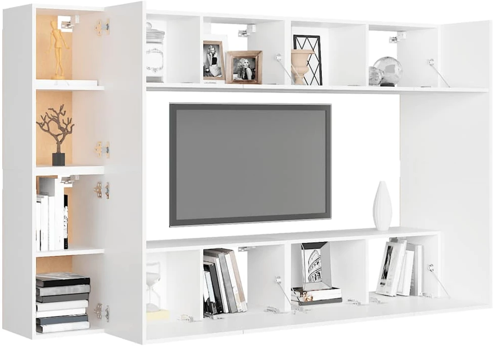 TV staliukas Televizoriaus spintelių komplektas, 8 dalių, baltas, mediena