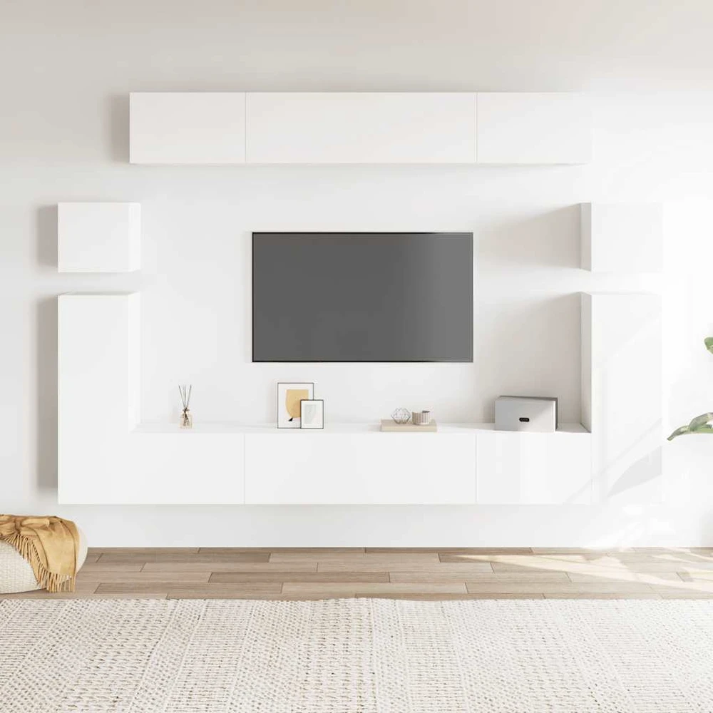 TV staliukas Televizoriaus spintelių komplektas, 8 dalių, baltas, mediena