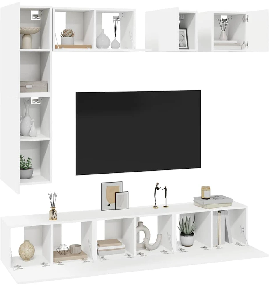TV staliukas Televizoriaus spintelių komplektas, 8 dalių, baltas, mediena